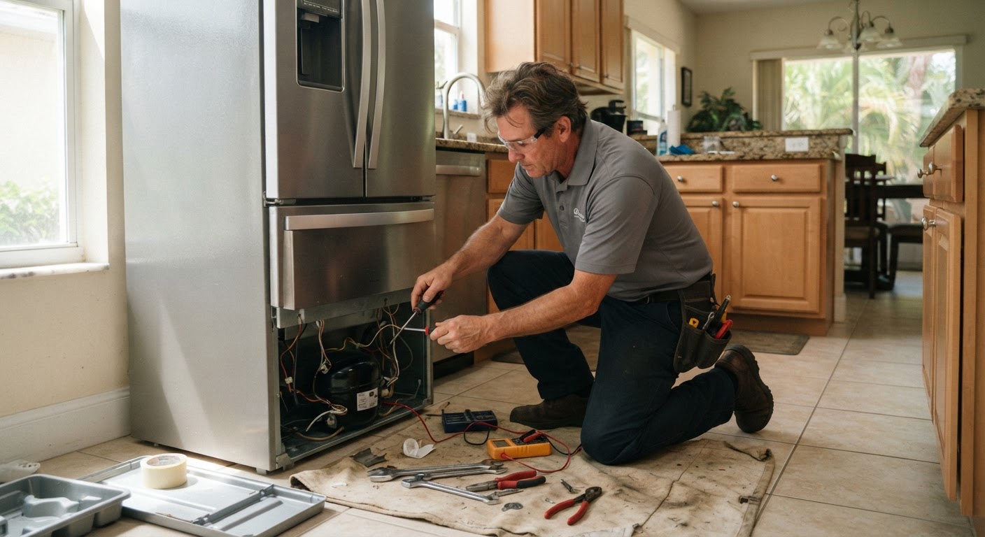 Appliance repair technician working in a Santa Ana, CA kitchen
